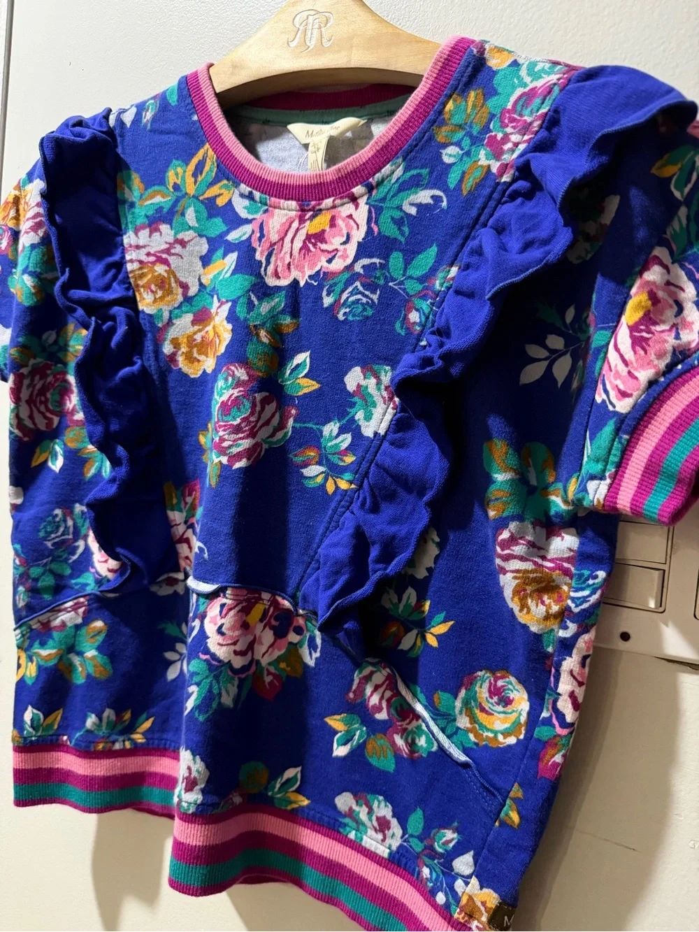 Matilda Jane Blue Floral Ruffle Sweatshirt with Pink Trim